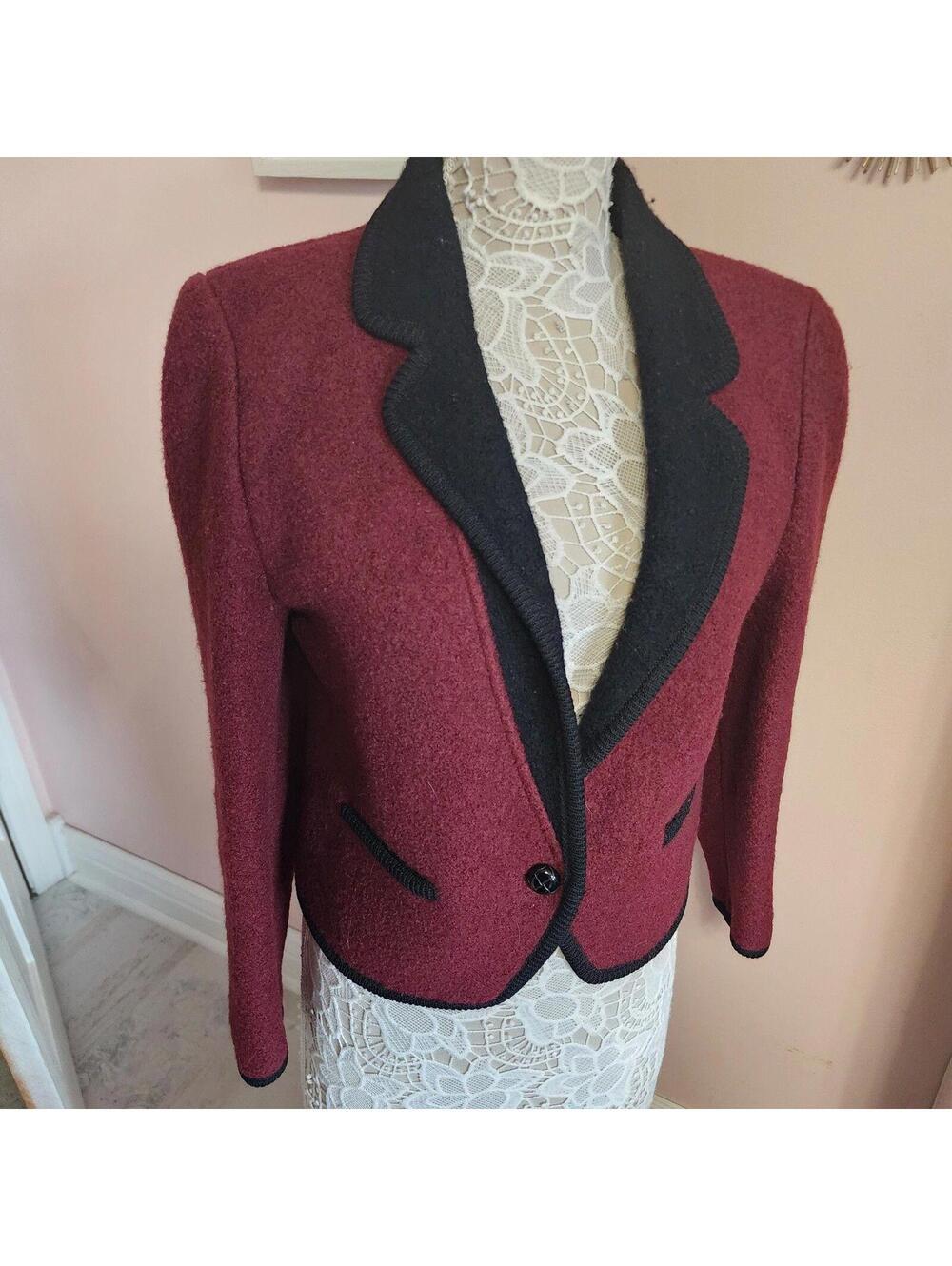 Vintage Herman Geist Wool Blazer Jacket Burgundy Black Trim Size 10